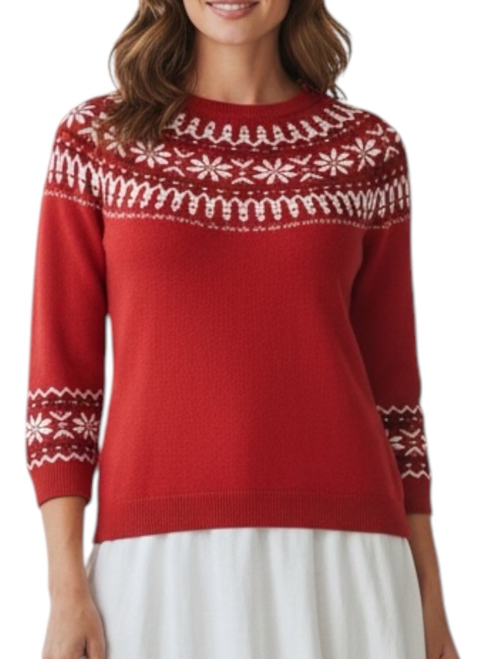 TALBOTS Lambswool Blend Christmas Snowflake Fair Isle Sweater in Red/White MED